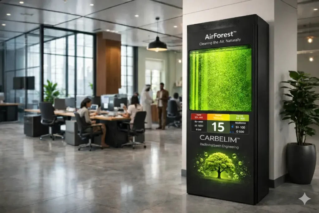 Carbelim AirForest algae-based air purifier in a modern office workstation, solving sick building syndrome and redefining green engineering.