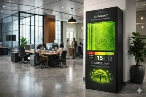 Carbelim AirForest algae-based air purifier in a modern office workstation, solving sick building syndrome and redefining green engineering.