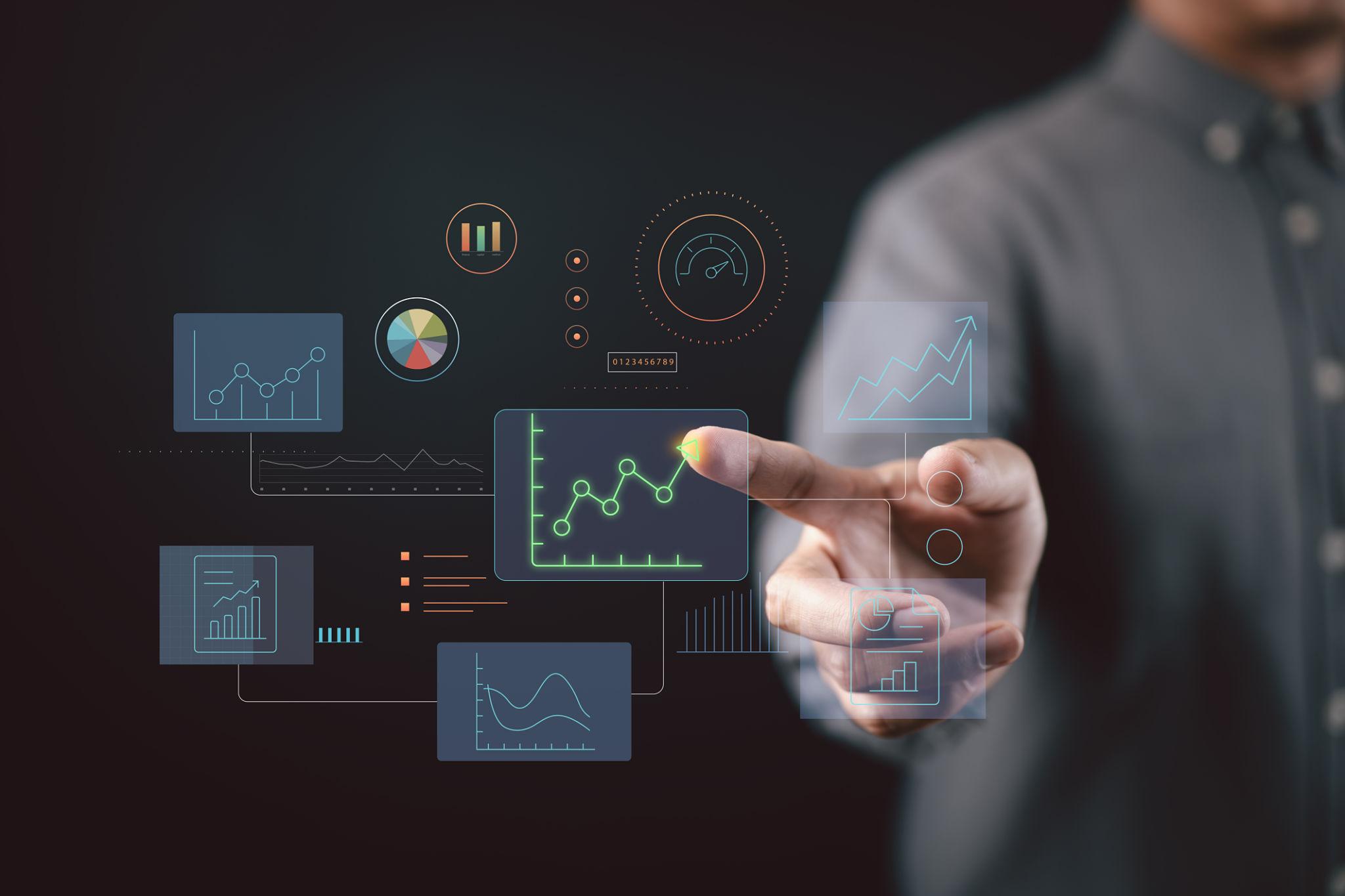 Data analytics dashboard with business intelligence graphs and real-time performance metrics visualization