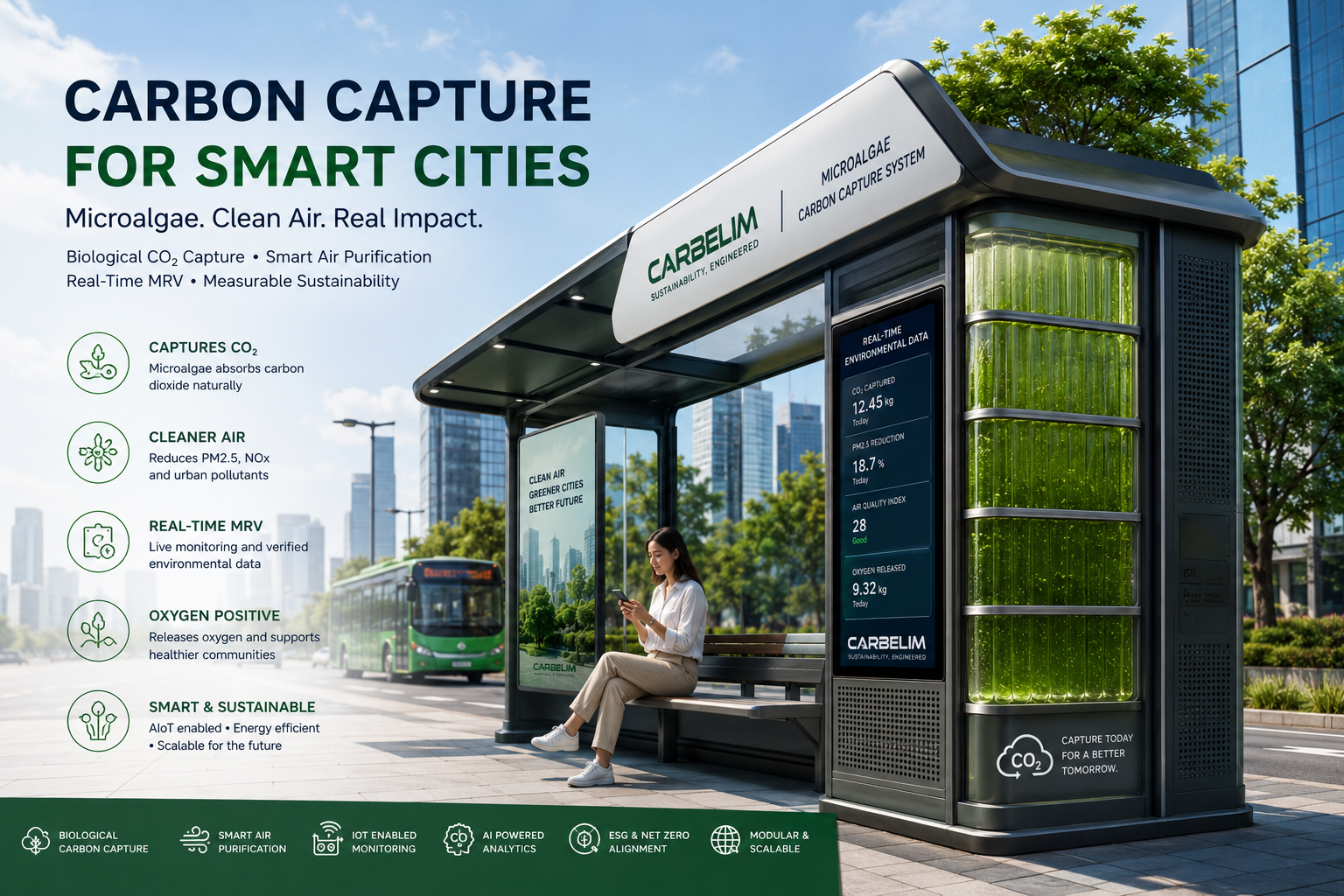 Microalgae-powered smart air purification and carbon capture system installed in a modern smart city bus shelter with real-time MRV environmental monitoring dashboard.