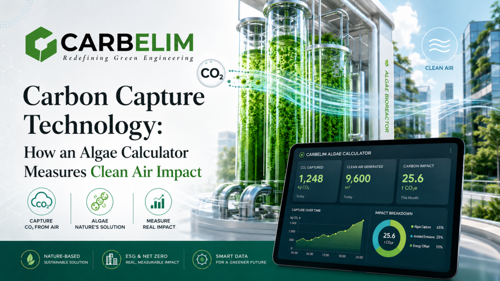 Carbelim carbon capture technology banner showing an algae bioreactor and real-time clean air impact calculator dashboard
