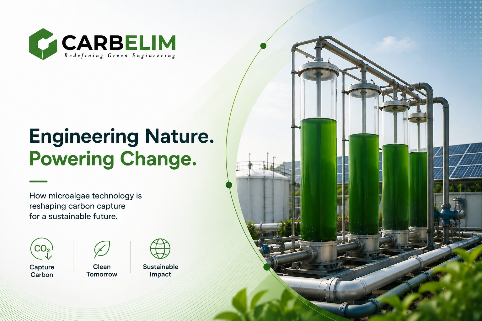 Carbelim photobioreactor system using microalgae technology for smart air purification and carbon capture, supporting sustainable cities and clean air infrastructure.