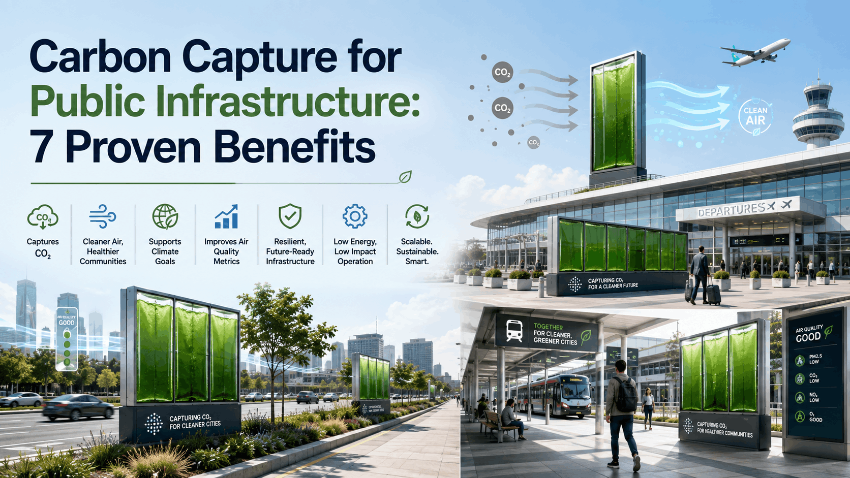 Carbon Capture for Public Infrastructure infographic showing 7 proven benefits of microalgae-based carbon capture in roadsides, airports and transit spaces