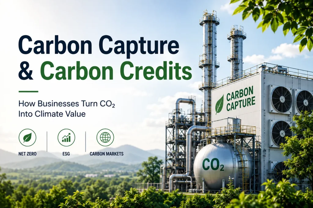 Carbon capture technology facility illustrating how businesses generate carbon credits through CO₂ removal, ESG compliance, net-zero strategies, and carbon markets.