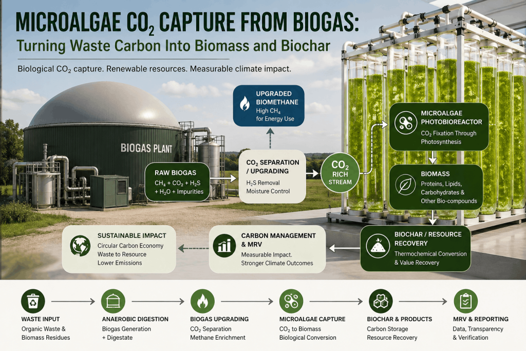 Microalgae biogas CO₂ capture and renewable energy infographic