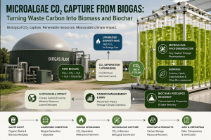 Microalgae biogas CO₂ capture and renewable energy infographic