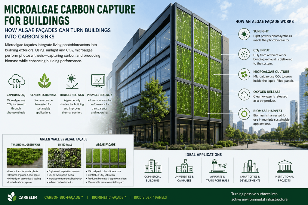 Microalgae carbon capture buildings with algae façade photobioreactors